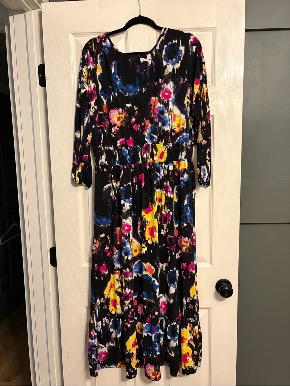 LuLaRoe Black Maxi Dress with Pink, Blue & Yellow Floral Print
